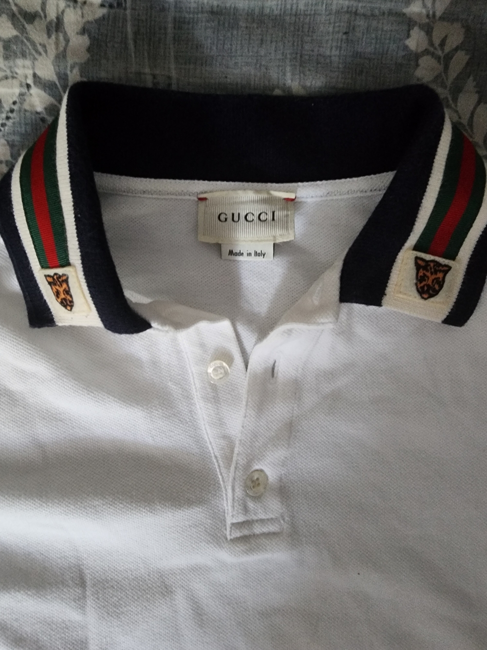 Gucci White Polo with Navy Trim and Green/Red Stripe
